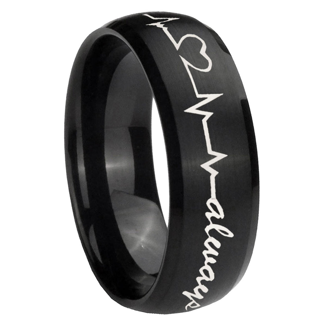 10mm Heart Beat forever Heart always Dome Brush Black Tungsten Wedding Band Ring