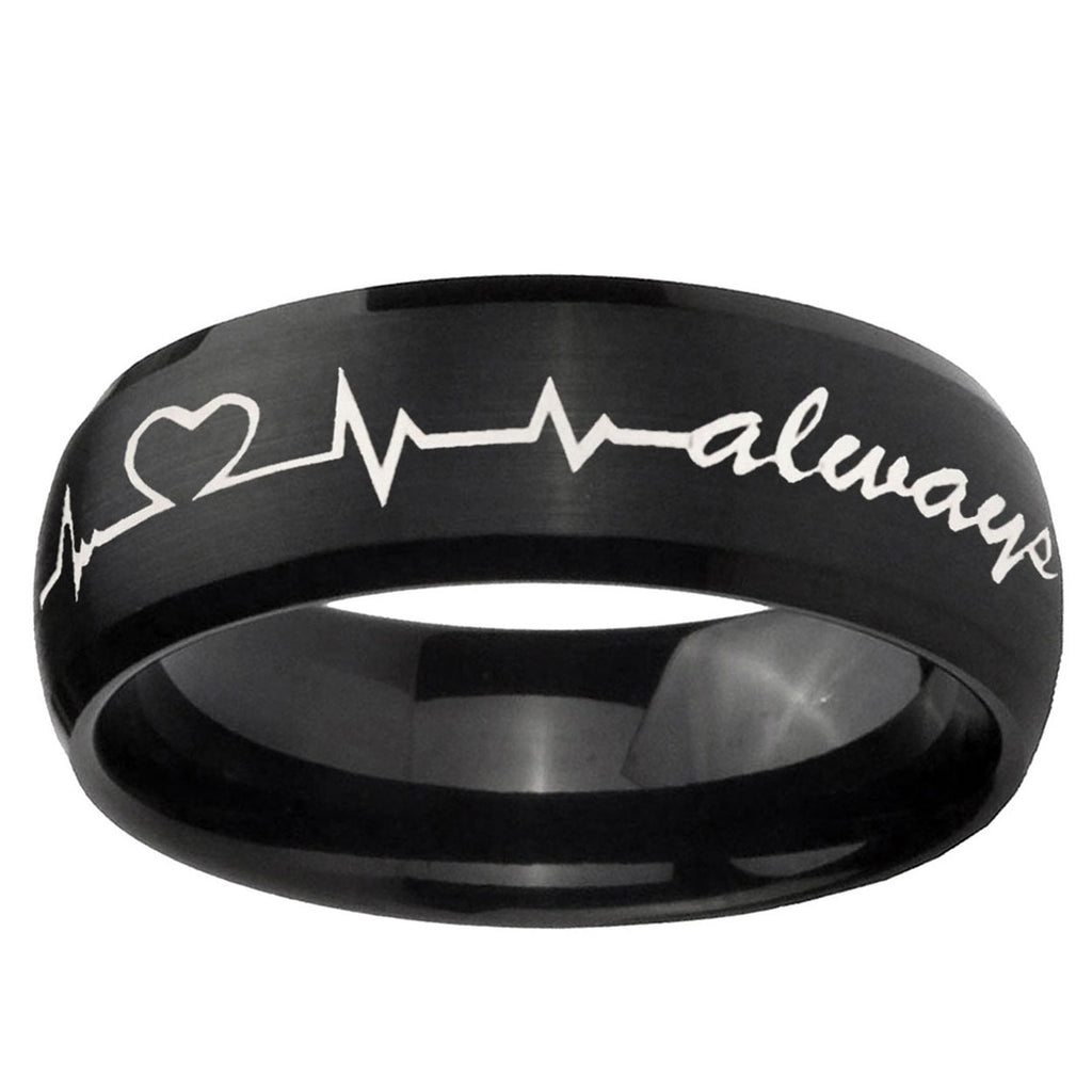 10mm Heart Beat forever Heart always Dome Brush Black Tungsten Ring