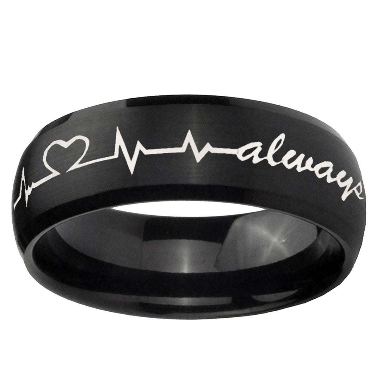 10mm Heart Beat forever Heart always Dome Brush Black Tungsten Ring