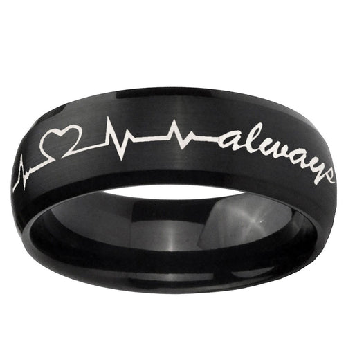 10mm Heart Beat forever Heart always Dome Brush Black Tungsten Ring