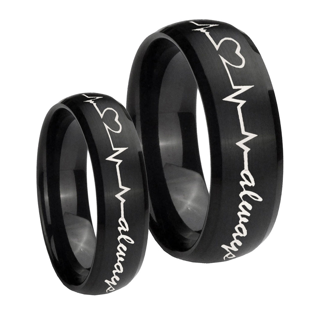 Heart Beat forever Heart always Dome Brush Black Tungsten Wedding Ring Sets