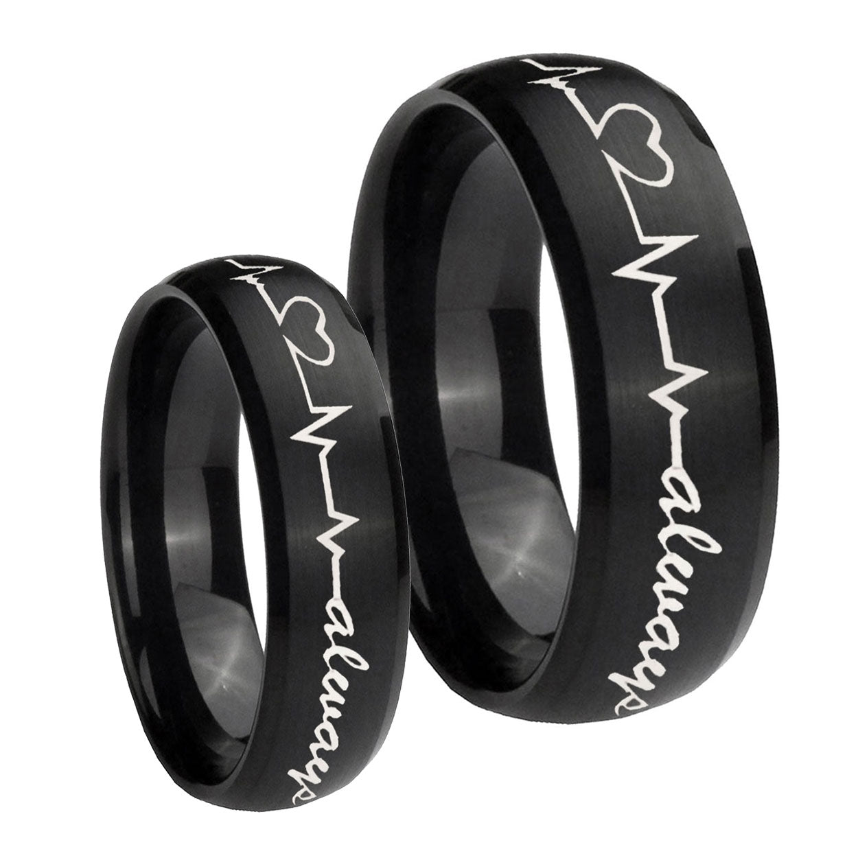 Heart Beat forever Heart always Dome Brush Black Tungsten Wedding Ring Sets