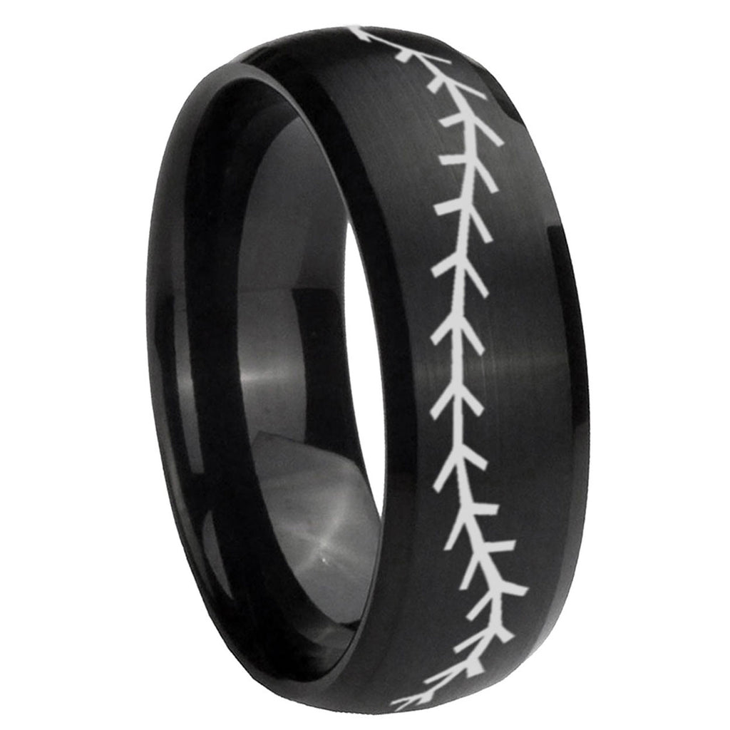 10mm Baseball Stitch Dome Brush Black Tungsten Carbide Men's Wedding Ring