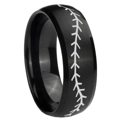 10mm Baseball Stitch Dome Brush Black Tungsten Carbide Men's Wedding Ring