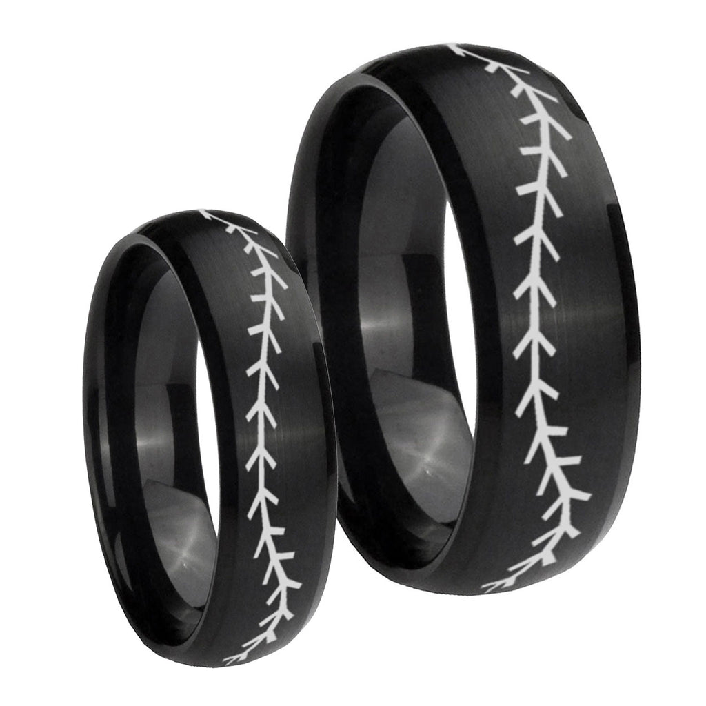 Baseball Stitch Dome Brush Black Tungsten Promise Ring Set