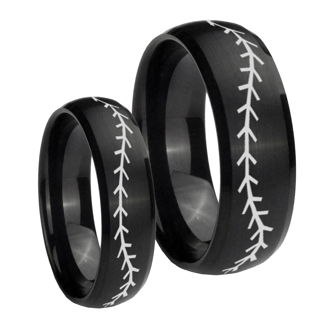 Baseball Stitch Dome Brush Black Tungsten Promise Ring Set