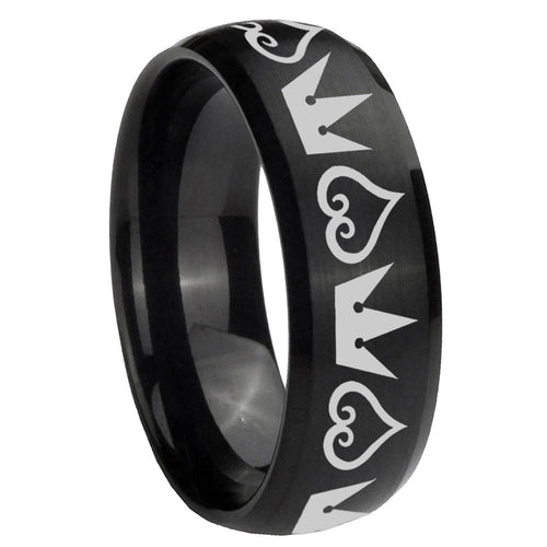 10mm Hearts and Crowns Dome Brush Black Tungsten Carbide Personalized Ring