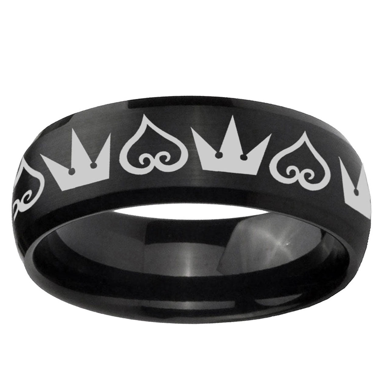 10mm Hearts and Crowns Dome Brush Black Tungsten Ring