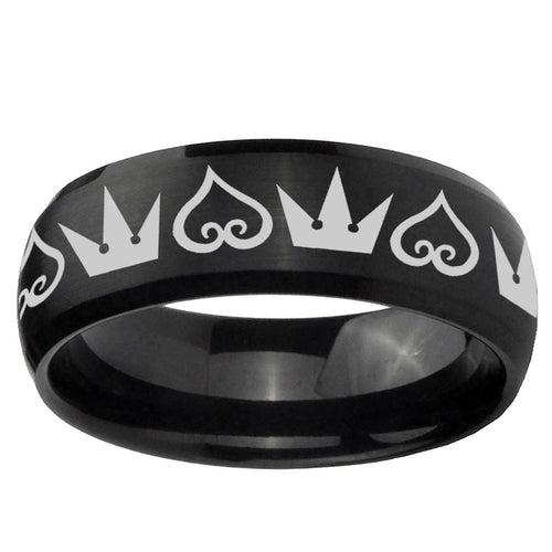 10mm Hearts and Crowns Dome Brush Black Tungsten Ring