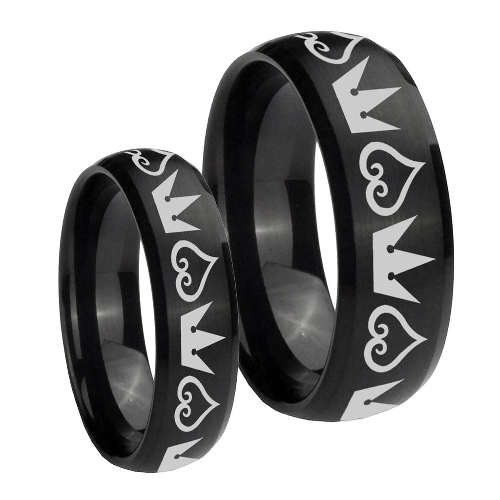 Hearts and Crowns Dome Brush Black Tungsten Couples Ring Set