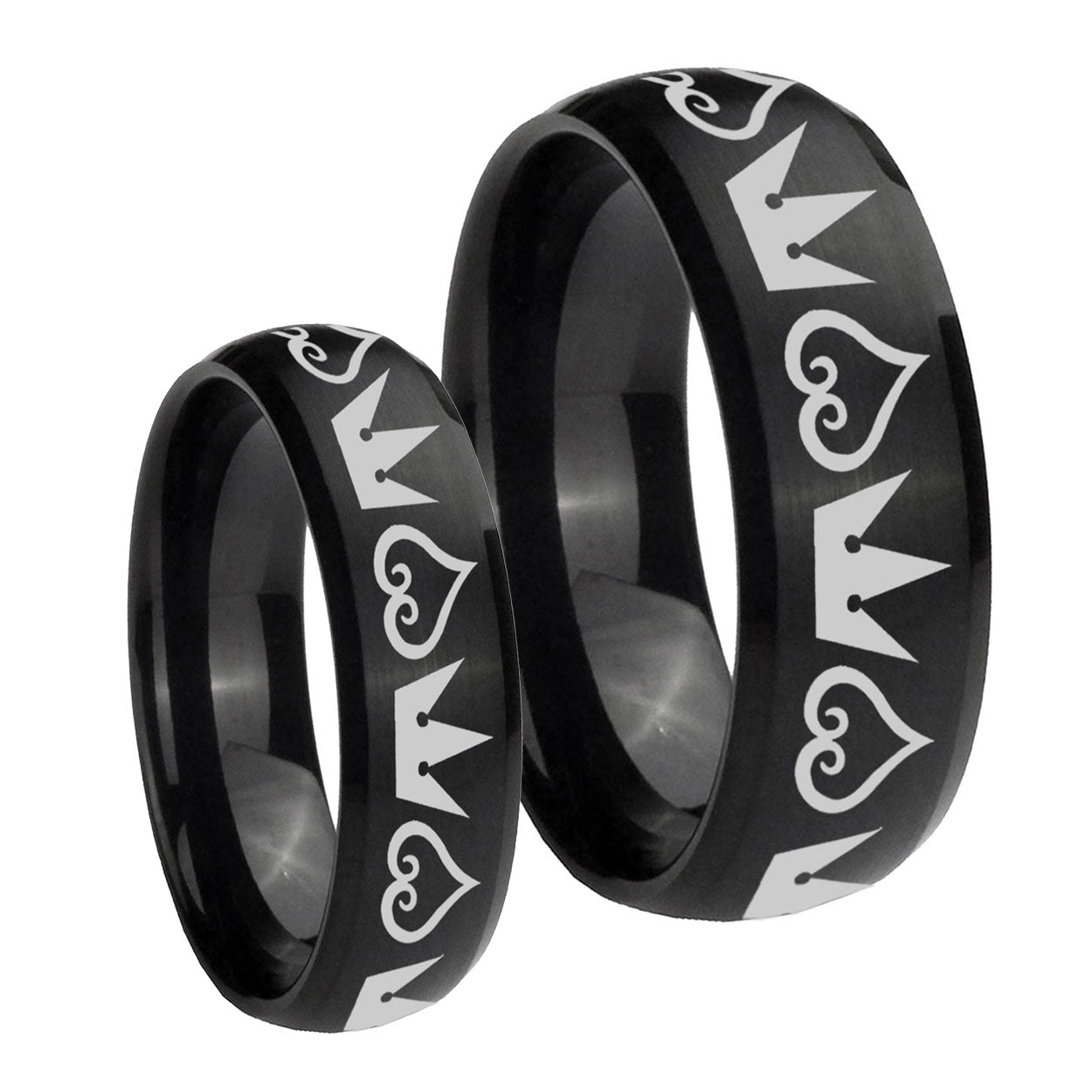Hearts and Crowns Dome Brush Black Tungsten Couples Ring Set