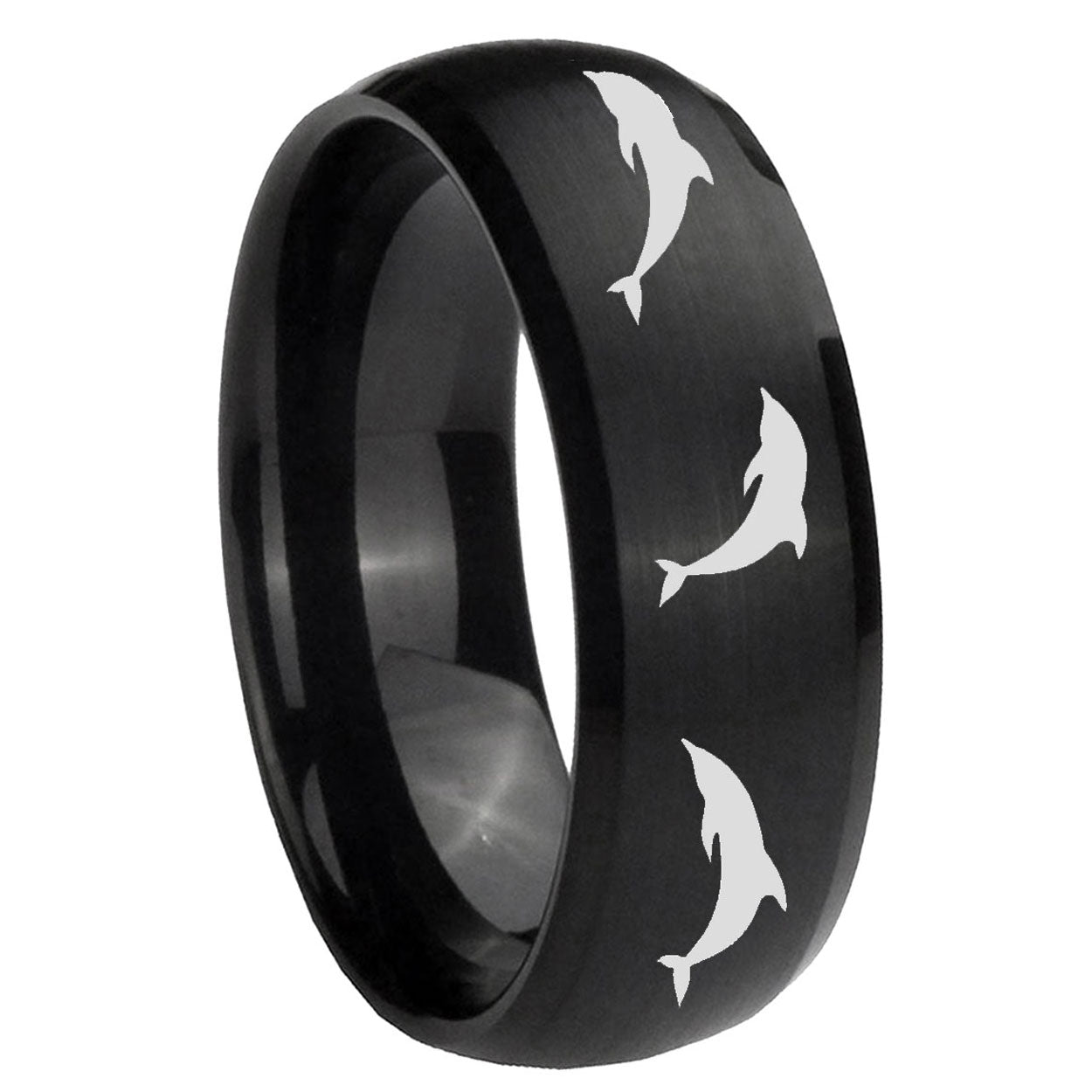 10mm Dolphins Dome Brush Black Tungsten Carbide Wedding Engagement Ring