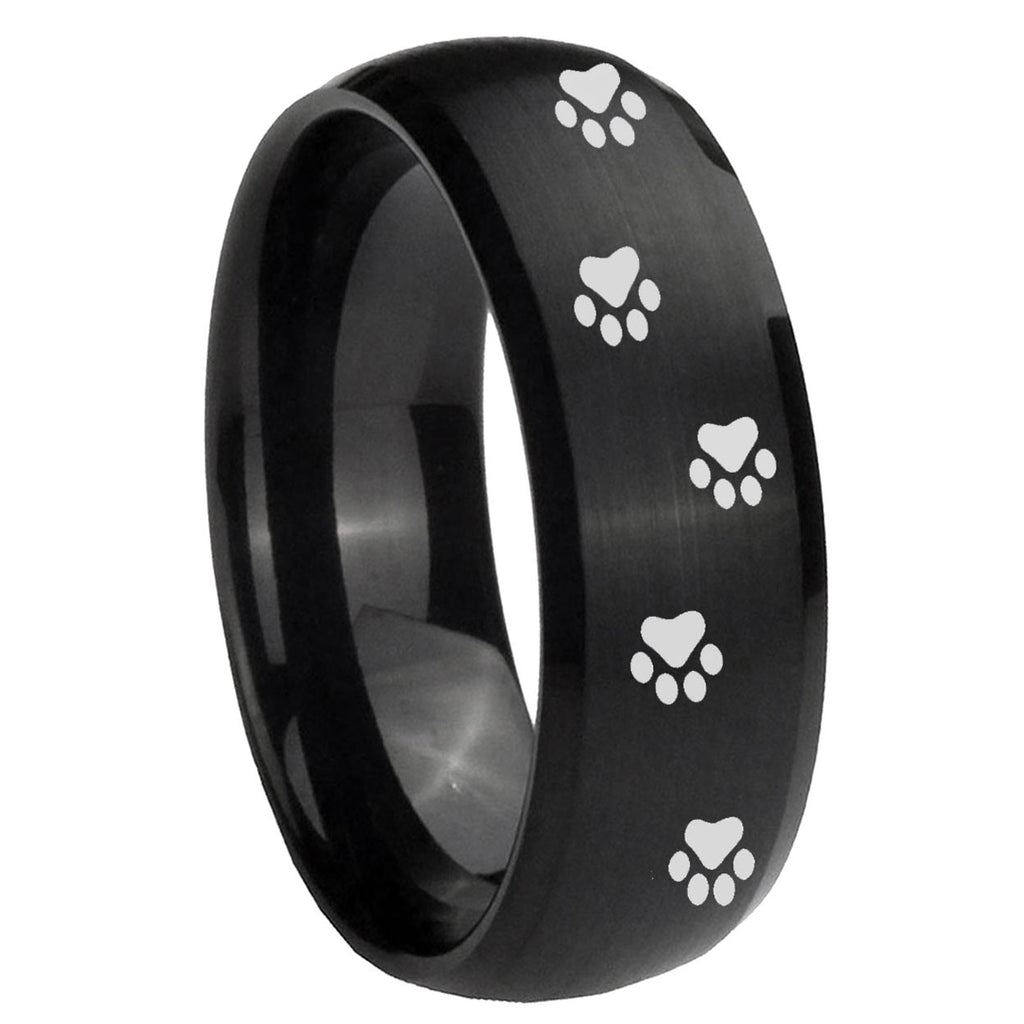 8MM Paw Print Dome Brush Black Tungsten Wedding Band Mens