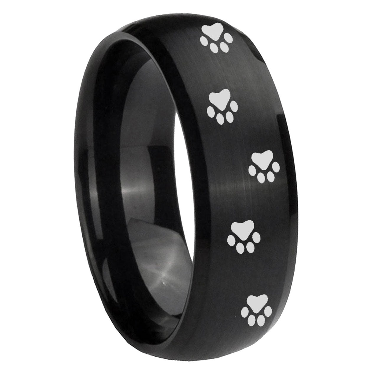 8MM Paw Print Dome Brush Black Tungsten Wedding Band Mens