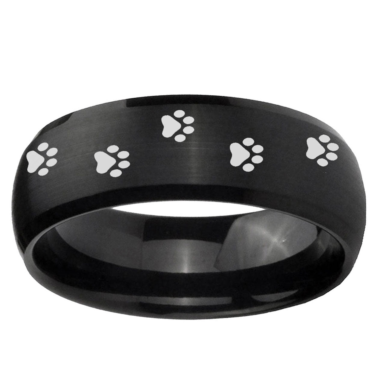 10mm Paw Print Dome Brush BlackTungsten Ring