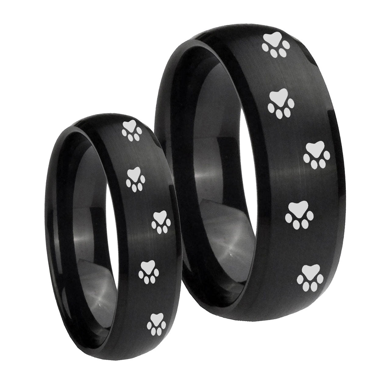 Paw Print Dome Brush Black Tungsten Wedding Set Rings