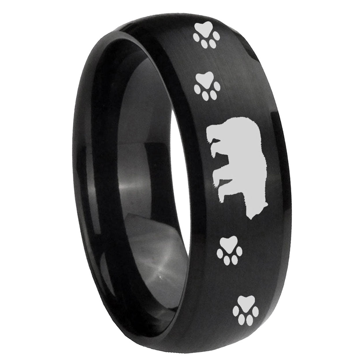 10mm Bear and Paw Dome Brush Black Tungsten Carbide Anniversary Ring