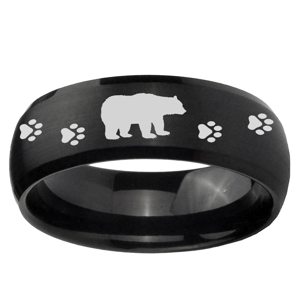 10mm Bear and Paw Dome Brush Black Tungsten Ring