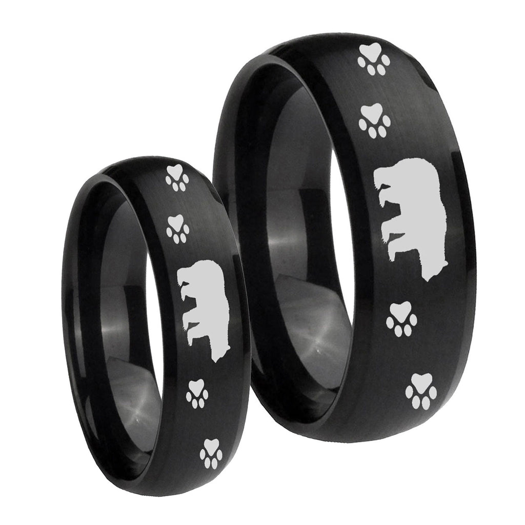 Bear and Paw Dome Brush Black Tungsten Couple Wedding Bands