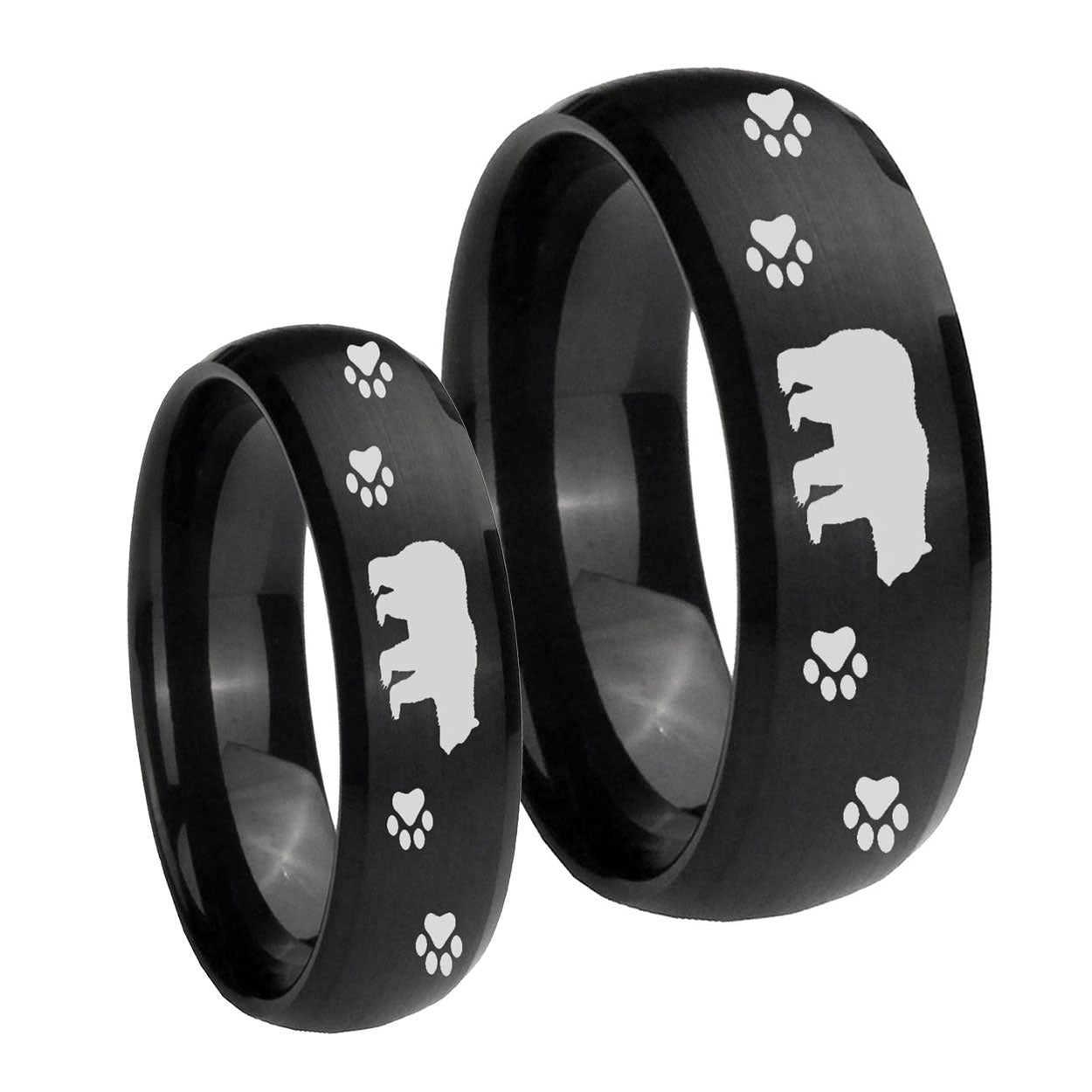 Bear and Paw Dome Brush Black Tungsten Couple Wedding Bands