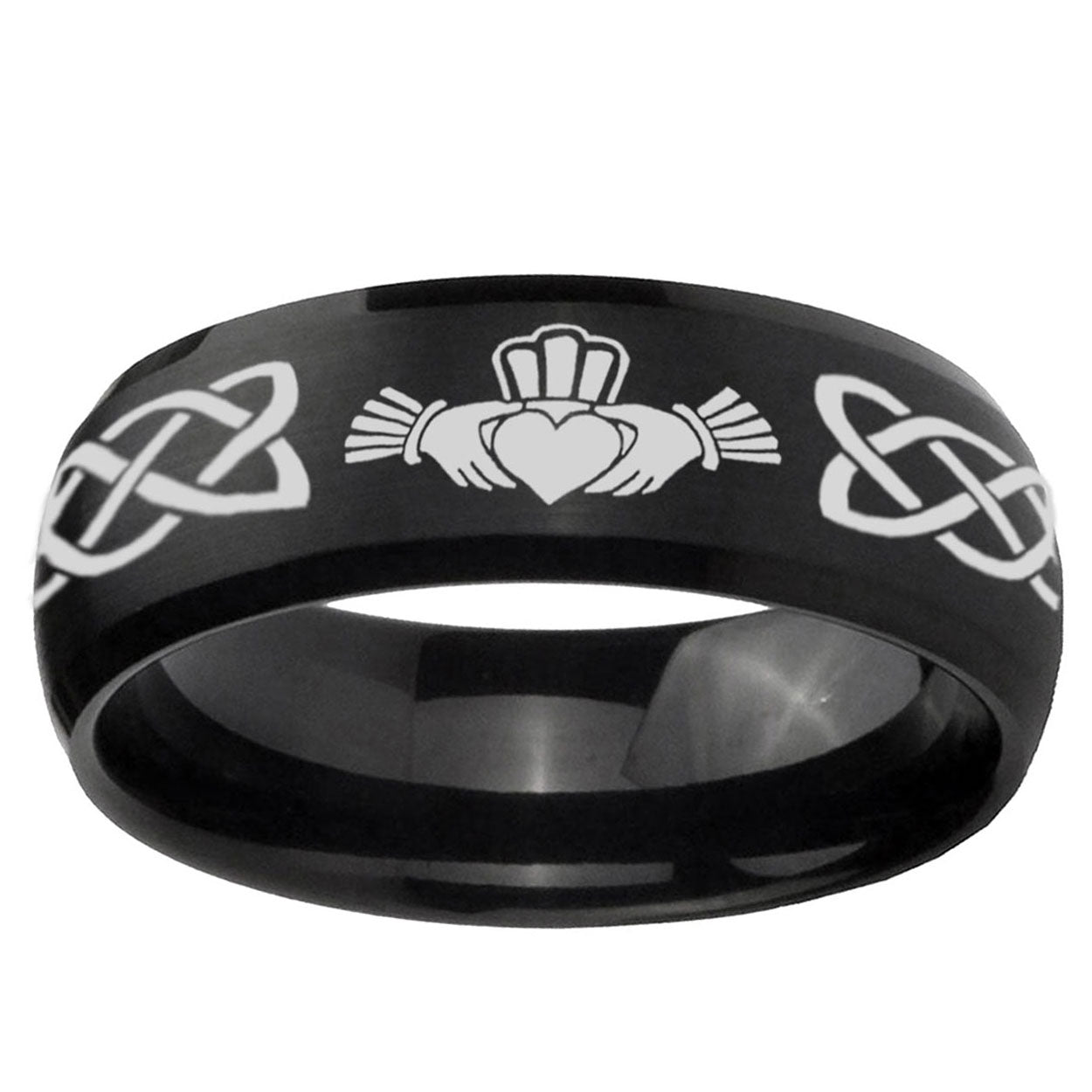 10mm Irish Claddagh Dome Brush Black Tungsten Ring