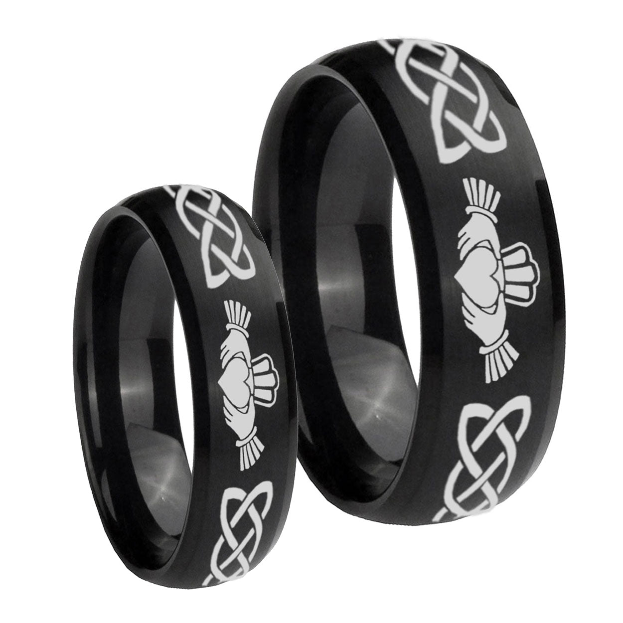 Irish Claddagh Dome Brush Black Tungsten Mens Set Ring