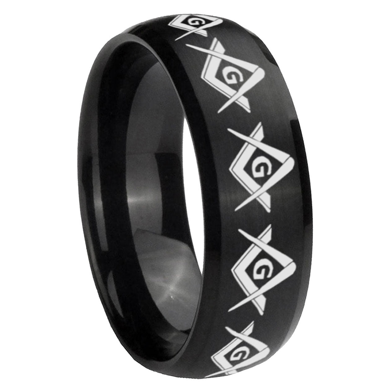 8MM Masonic Square Compass Dome Brush Black Tungsten Engage Ring