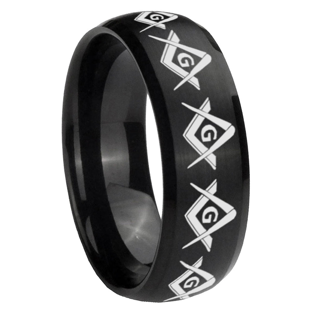 10mm Masonic Square and Compass Dome Brush Black Tungsten Carbide Men's Engagement Band