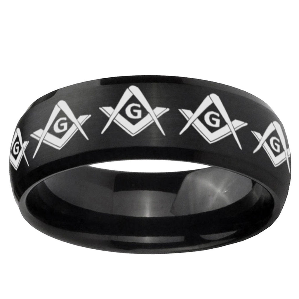 10mm Masonic Square and Compass Dome Brush Black Tungsten Ring