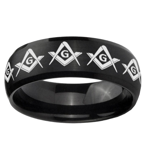 10mm Masonic Square and Compass Dome Brush Black Tungsten Ring