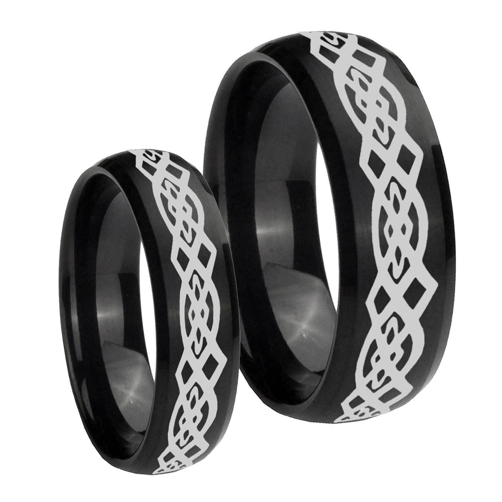 Celtic Knot Dome Brush Black Tungsten Engagement Ring Set