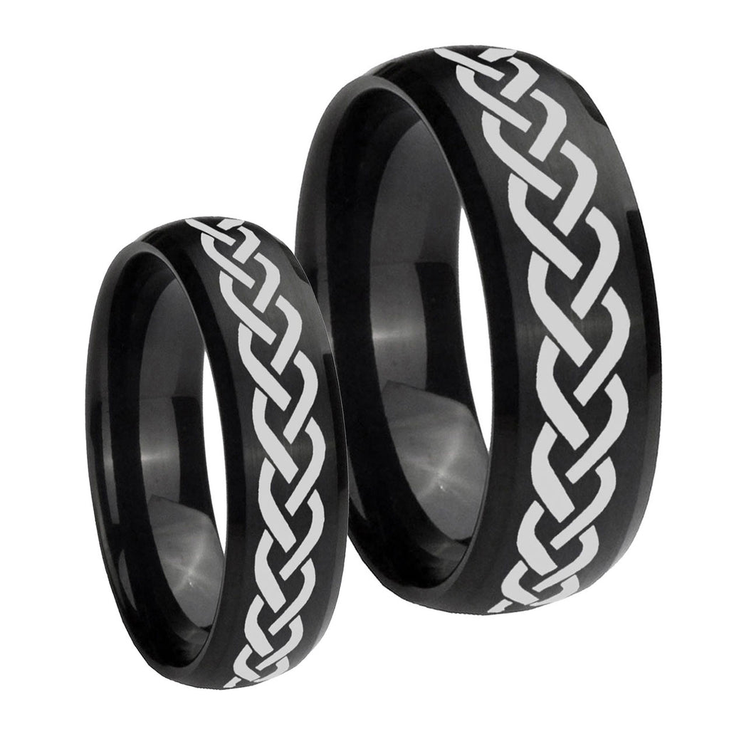 Laser Celtic Knot Dome Brush Black Tungsten Wedding Ring Set