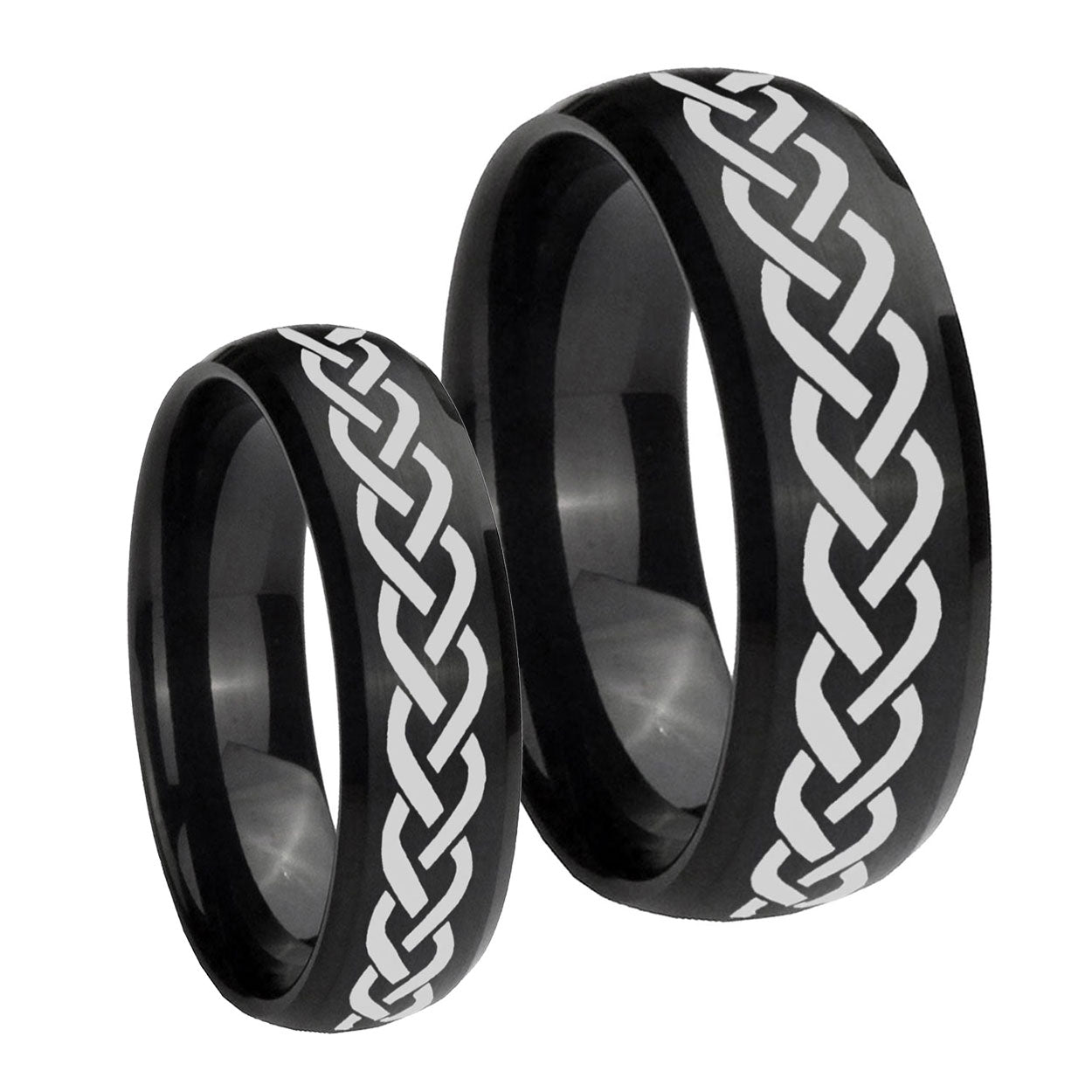 Laser Celtic Knot Dome Brush Black Tungsten Wedding Ring Set