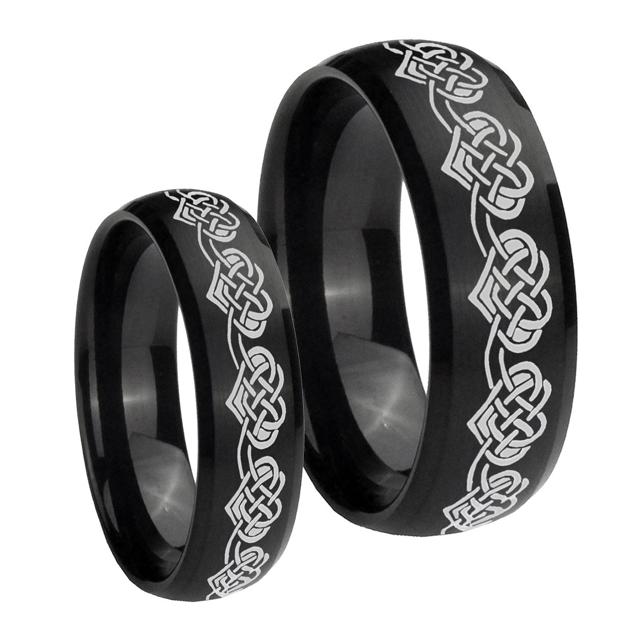 Celtic Knot Heart Dome Brush Black Tungsten Wedding Ring Sets