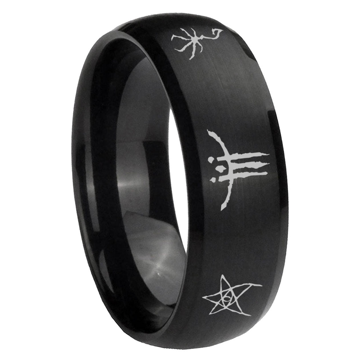 8MM Blackborne Caryll Runes Dome Matte Black Mens Wedding Bands Silver