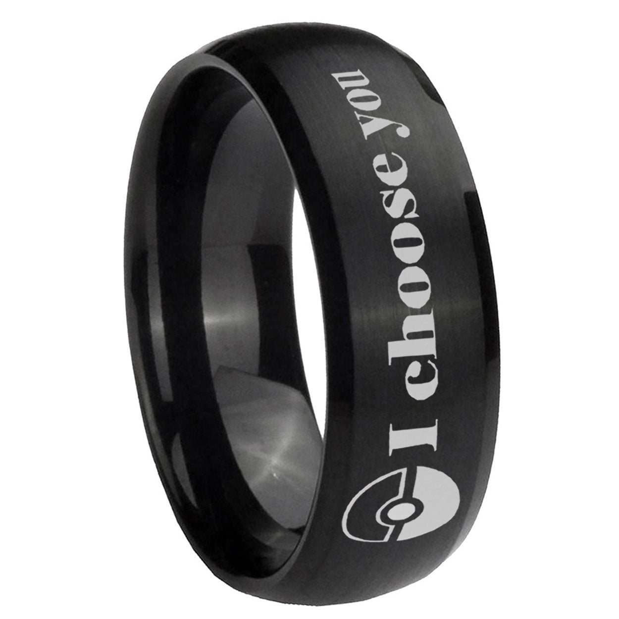 8MM Pokeball Pokemon Dome Matte Black Mens Wedding Bands Silver