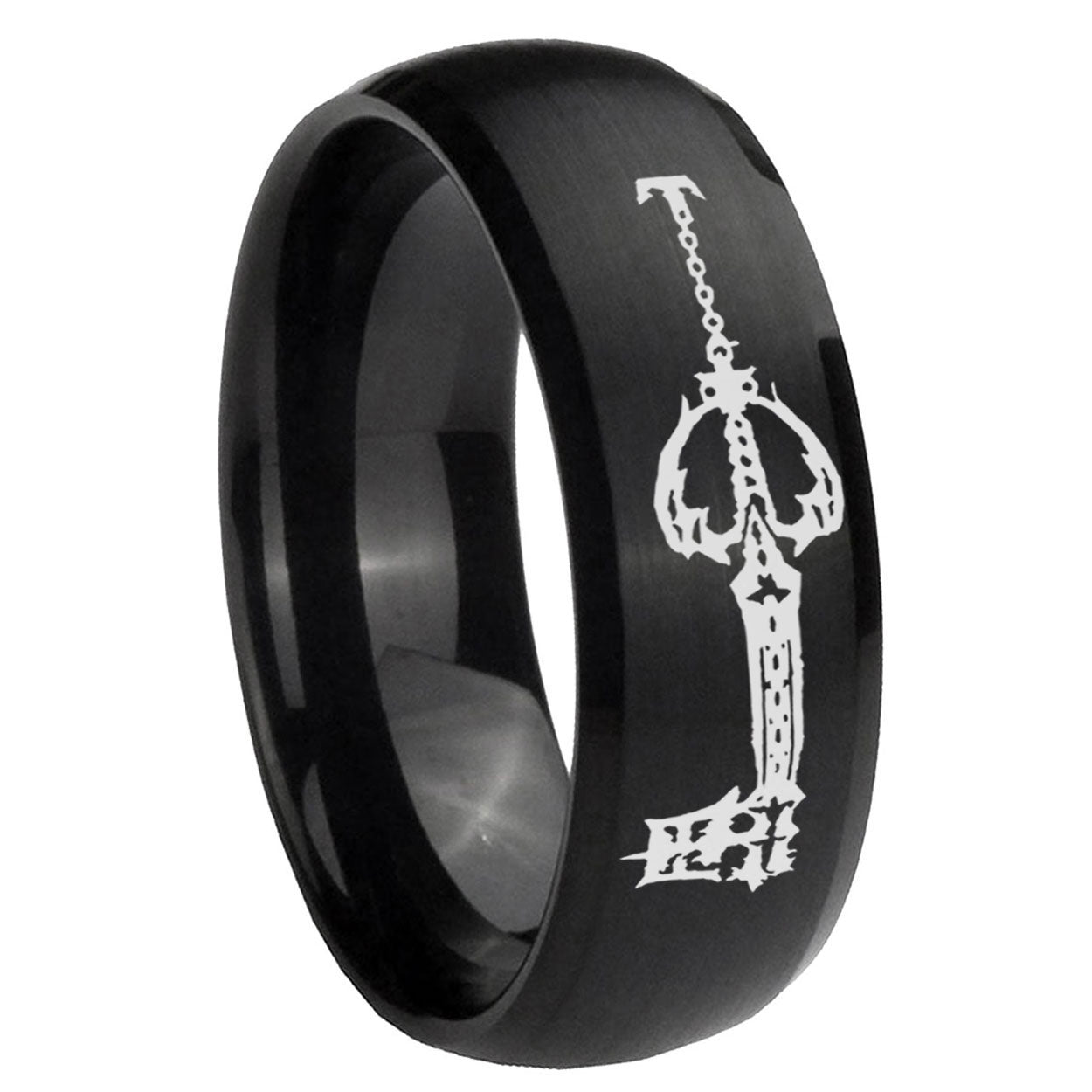 8MM kingdom heart keyblades Dome Matte Black Mens Wedding Bands Silver