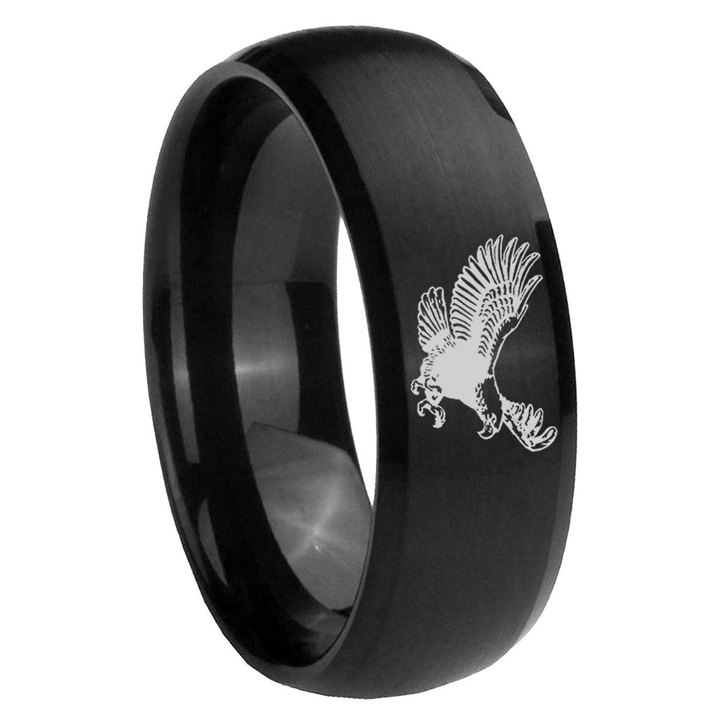 8MM Flying American Eagle Dome Matte Black Mens Wedding Bands Silver