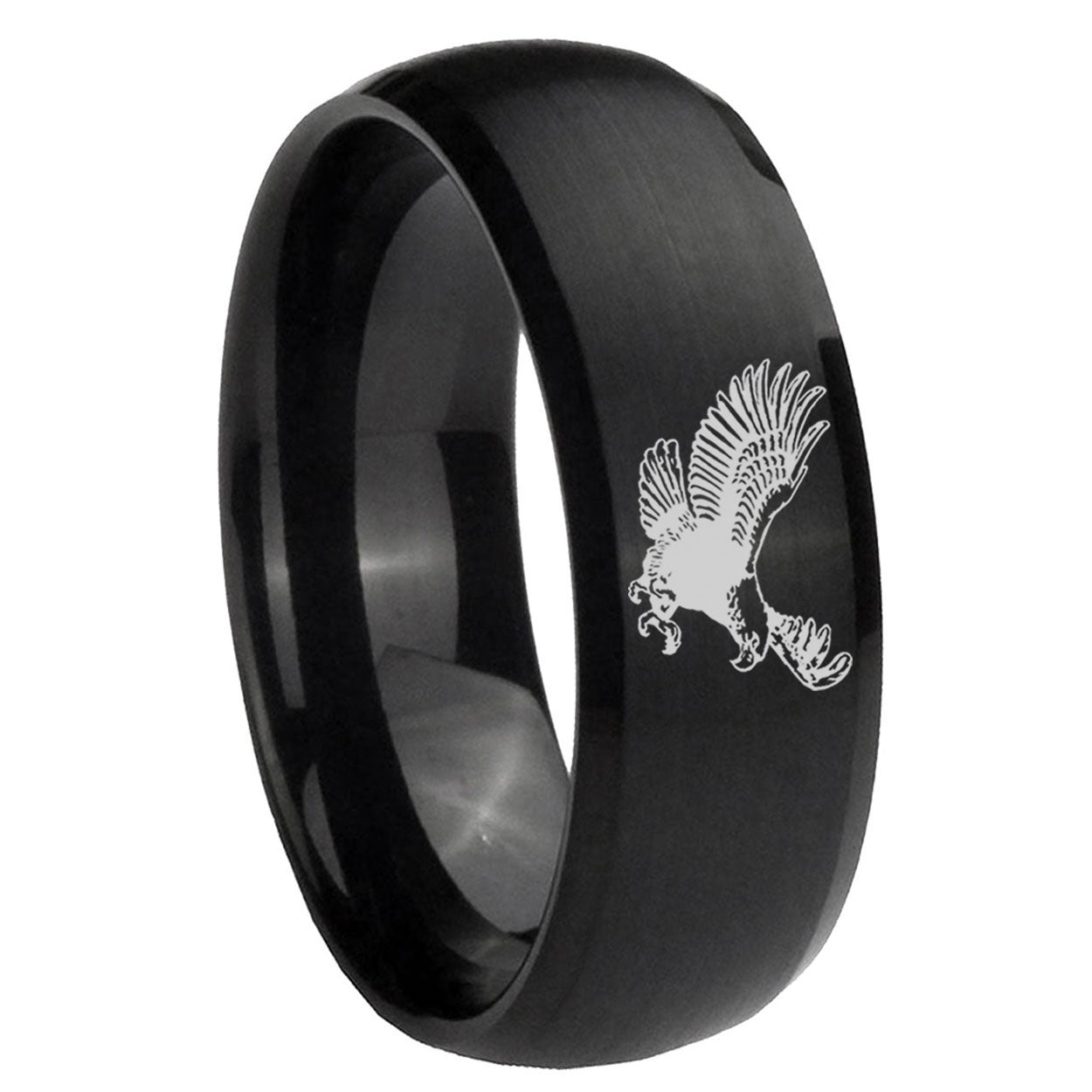 8MM Flying American Eagle Dome Matte Black Mens Wedding Bands Silver
