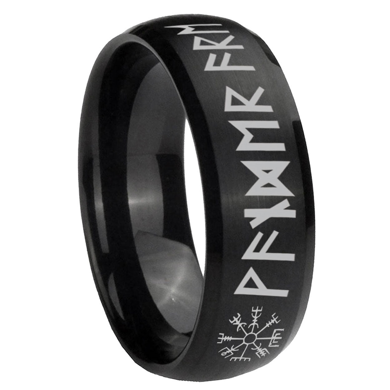 8MM Viking Dome Matte Black Mens Wedding Bands Silver