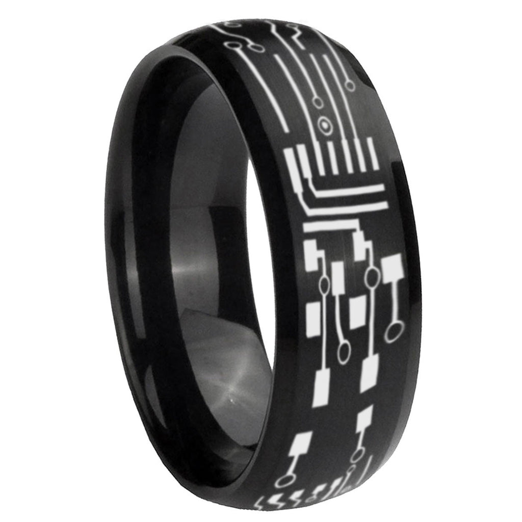 8MM Circuit Board Dome Matte Black Mens Wedding Bands Silver