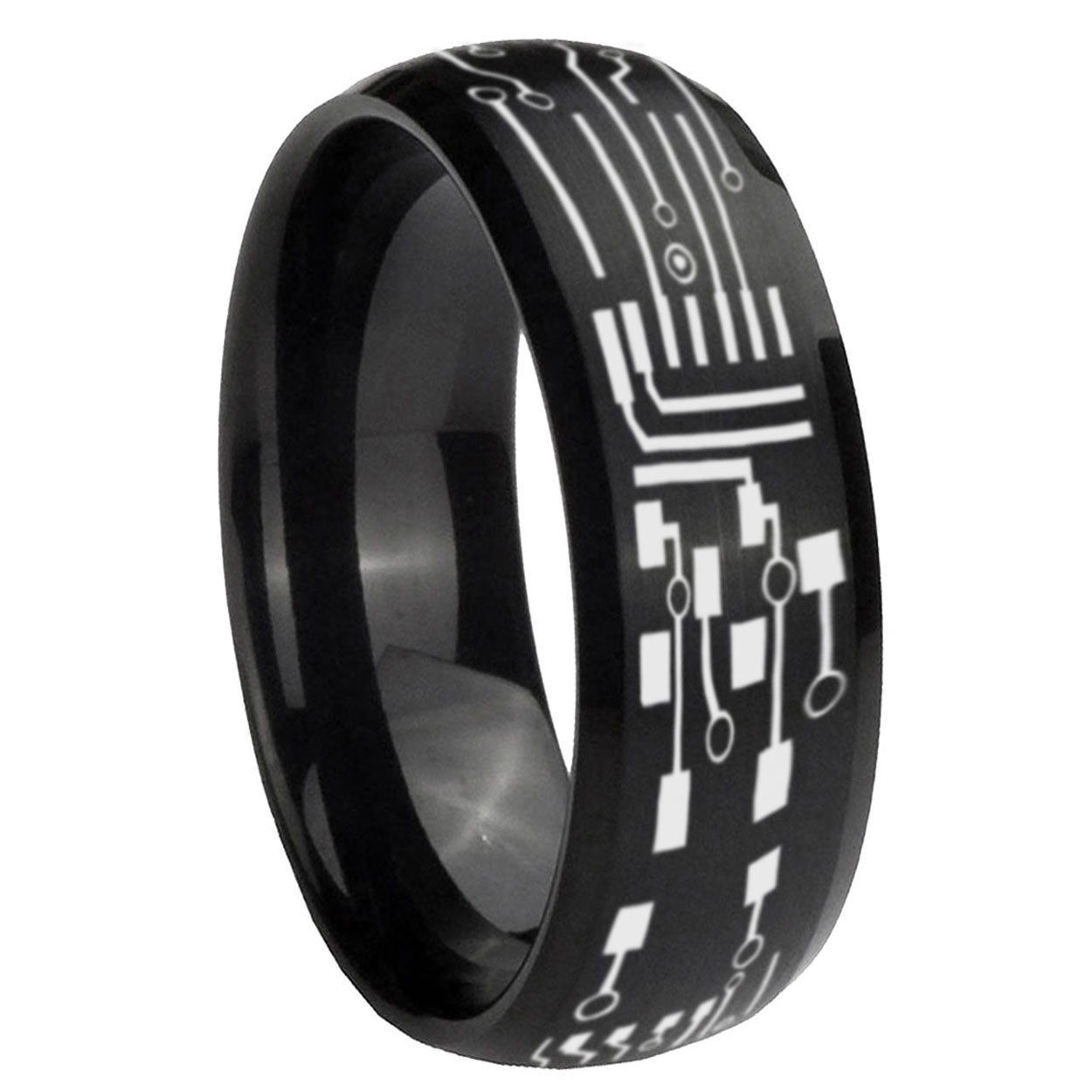 8MM Circuit Board Dome Matte Black Mens Wedding Bands Silver