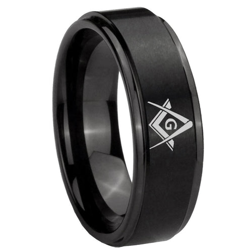 10mm Freemason Masonic Step Edges Brush Black Tungsten Carbide Men's Bands Ring