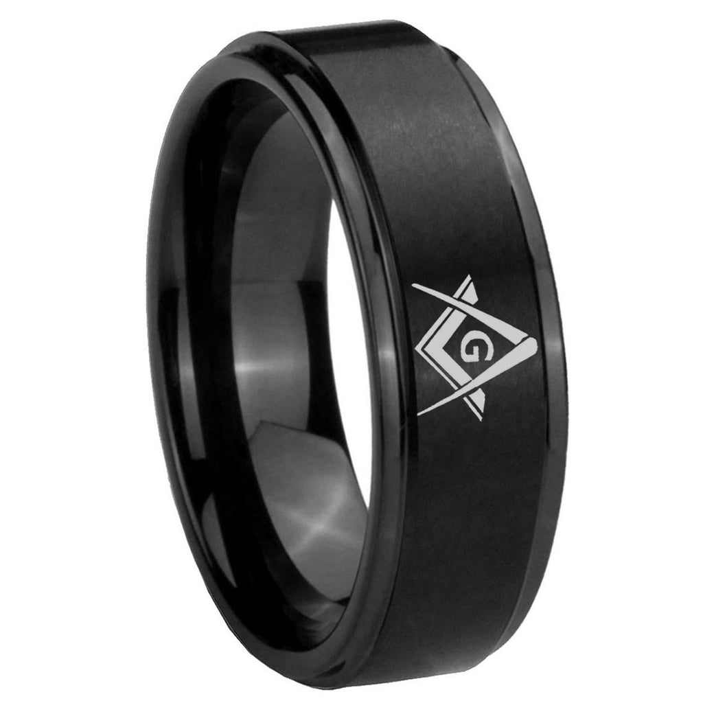 8mm Freemason Masonic Step Edges Brush Black Tungsten Bands