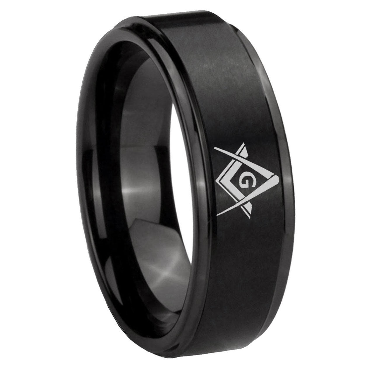 8mm Freemason Masonic Step Edges Brush Black Tungsten Bands