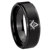 8mm Freemason Masonic Step Edges Brush Black Tungsten Carbide Bands Ring