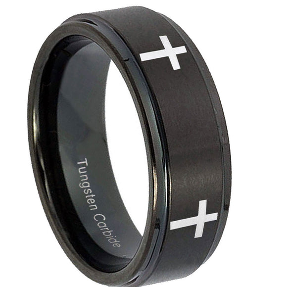 8mm-Crosses-Step-Edges-Brush-Black-Tungsten-Carbide-Custom-Mens-Ring