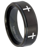 8mm-Crosses-Step-Edges-Brush-Black-Tungsten-Carbide-Custom-Mens-Ring
