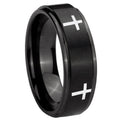 8mm Crosses Step Edges Brush Black Tungsten Custom Mens Ring