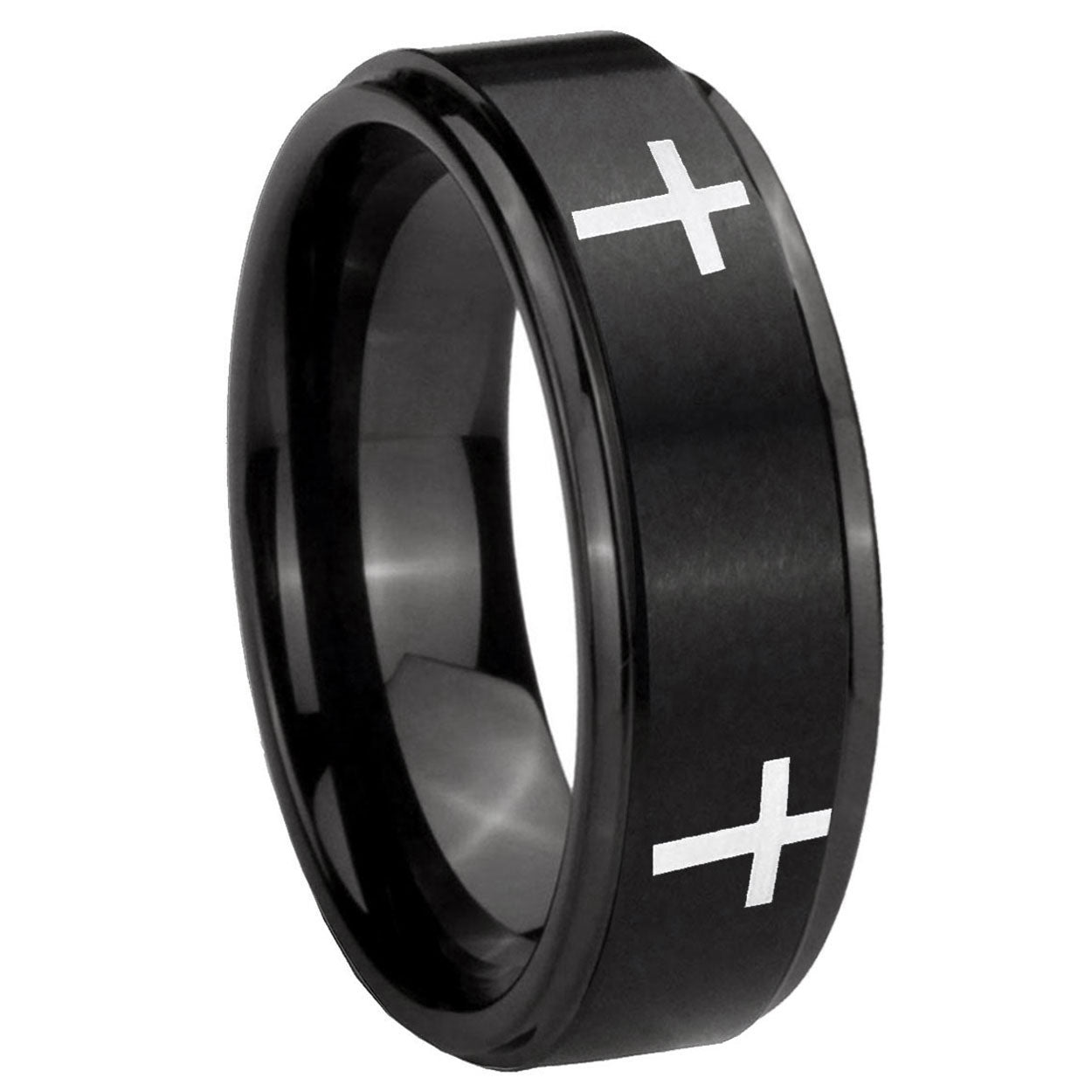 8mm Crosses Step Edges Brush Black Tungsten Custom Mens Ring